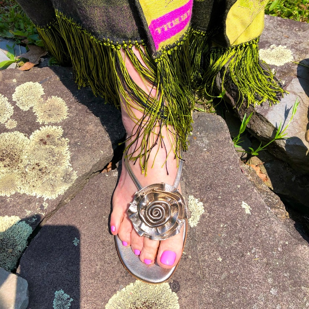 Fashion’s Famous Designer Valentino’s Rosette embellished Gold Leather Sandals